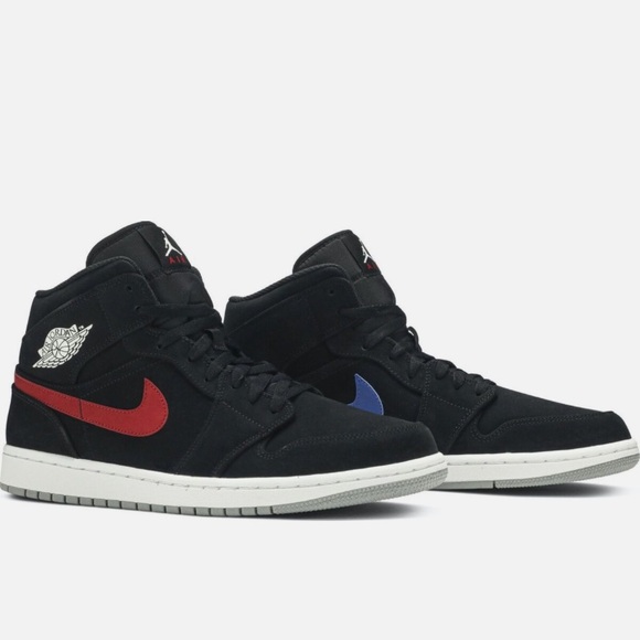 Air Jordan 1 Mid 'Multicolor Swoosh Black' Men Sz 13 Red Black Blue - Picture 1 of 7